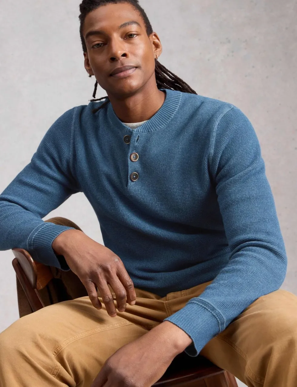 Pure Cotton Waffle Henley Jumper