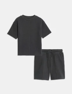 Pure Cotton Waffle T-Shirt and Shorts Set (2-8 Yrs)