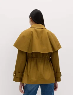 Pure Cotton Waisted Collared Cape Coat