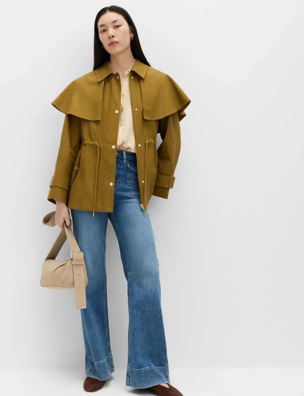 Pure Cotton Waisted Collared Cape Coat