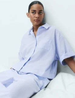 Pure Cotton Woven Stripe Collared Pyjama Top