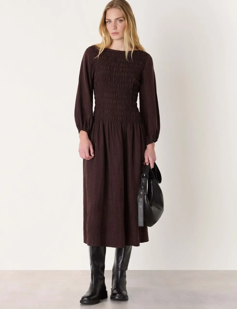 Pure Cupro Checked Midi Shirred Dress