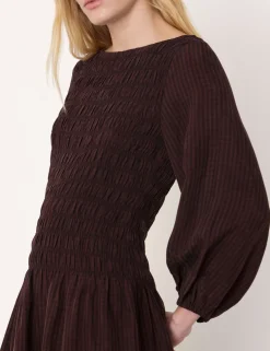 Pure Cupro Checked Midi Shirred Dress