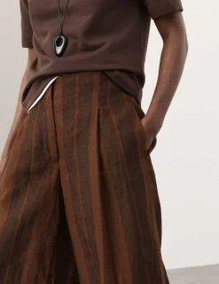 Pure Flax Linen Striped Wide Leg Trousers