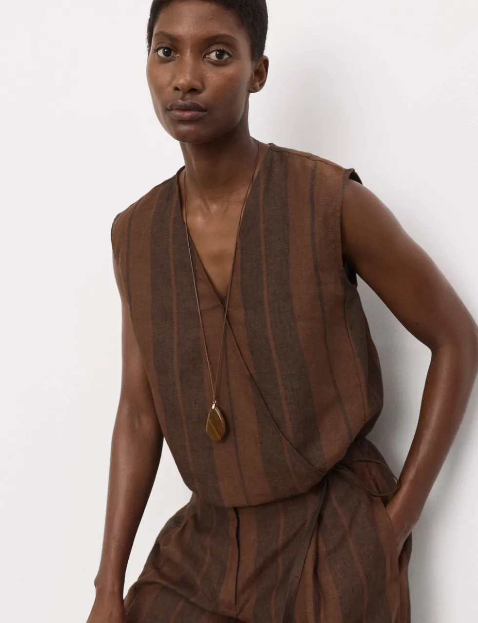 Pure Flax Linen Striped Wrap Top
