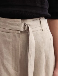 Pure Linen Belted Barrel Leg Trousers