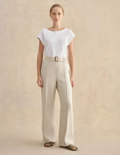 Pure Linen Belted Wide Leg Trousers