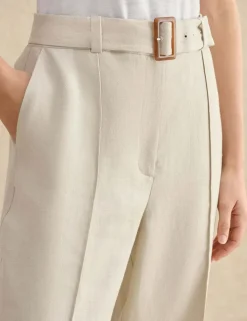 Pure Linen Belted Wide Leg Trousers