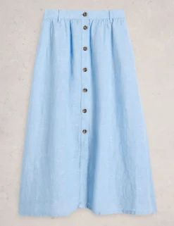 Pure Linen Button Front Midi A-Line Skirt