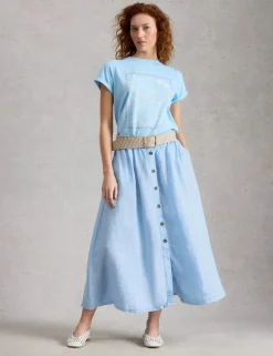 Pure Linen Button Front Midi A-Line Skirt