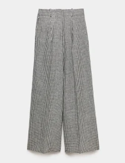 Pure Linen Checked Pleat Front Trousers