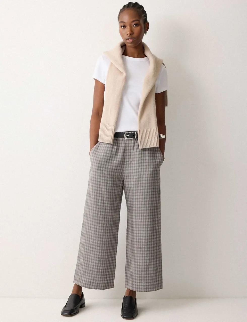 Pure Linen Checked Wide Leg Trousers