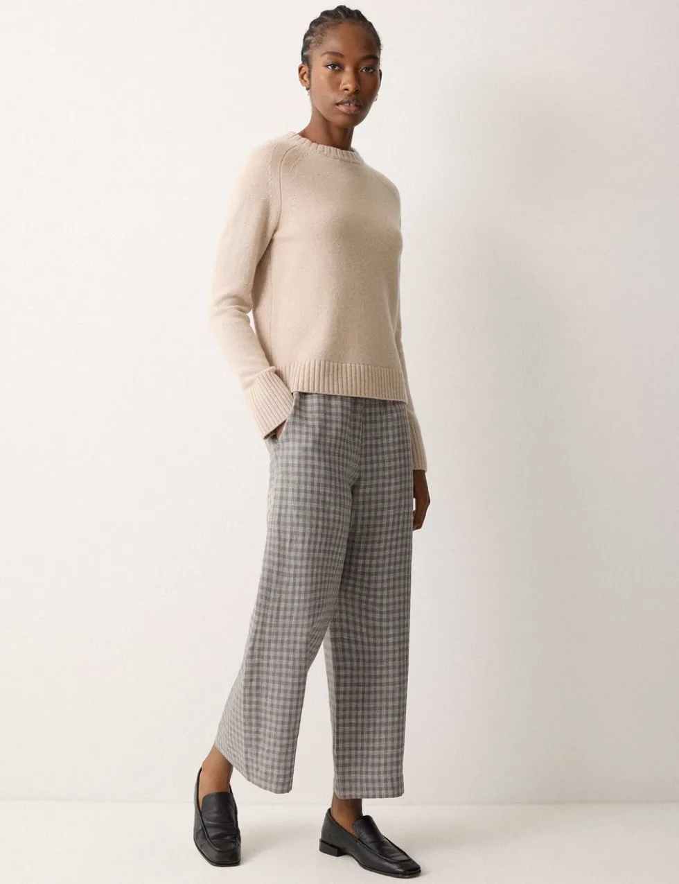 Pure Linen Checked Wide Leg Trousers