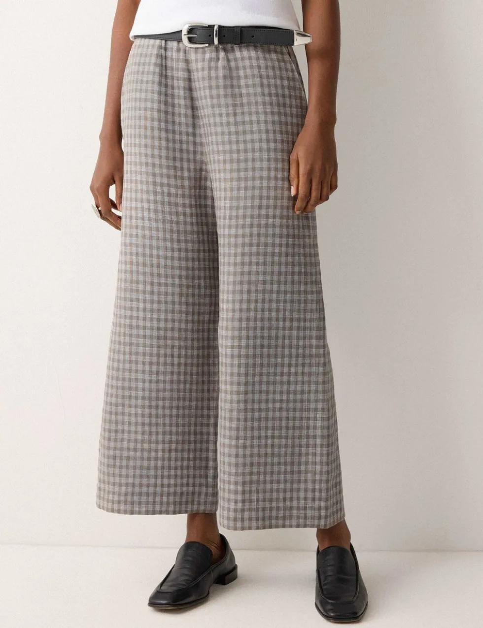 Pure Linen Checked Wide Leg Trousers