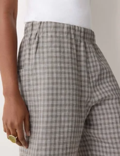 Pure Linen Checked Wide Leg Trousers