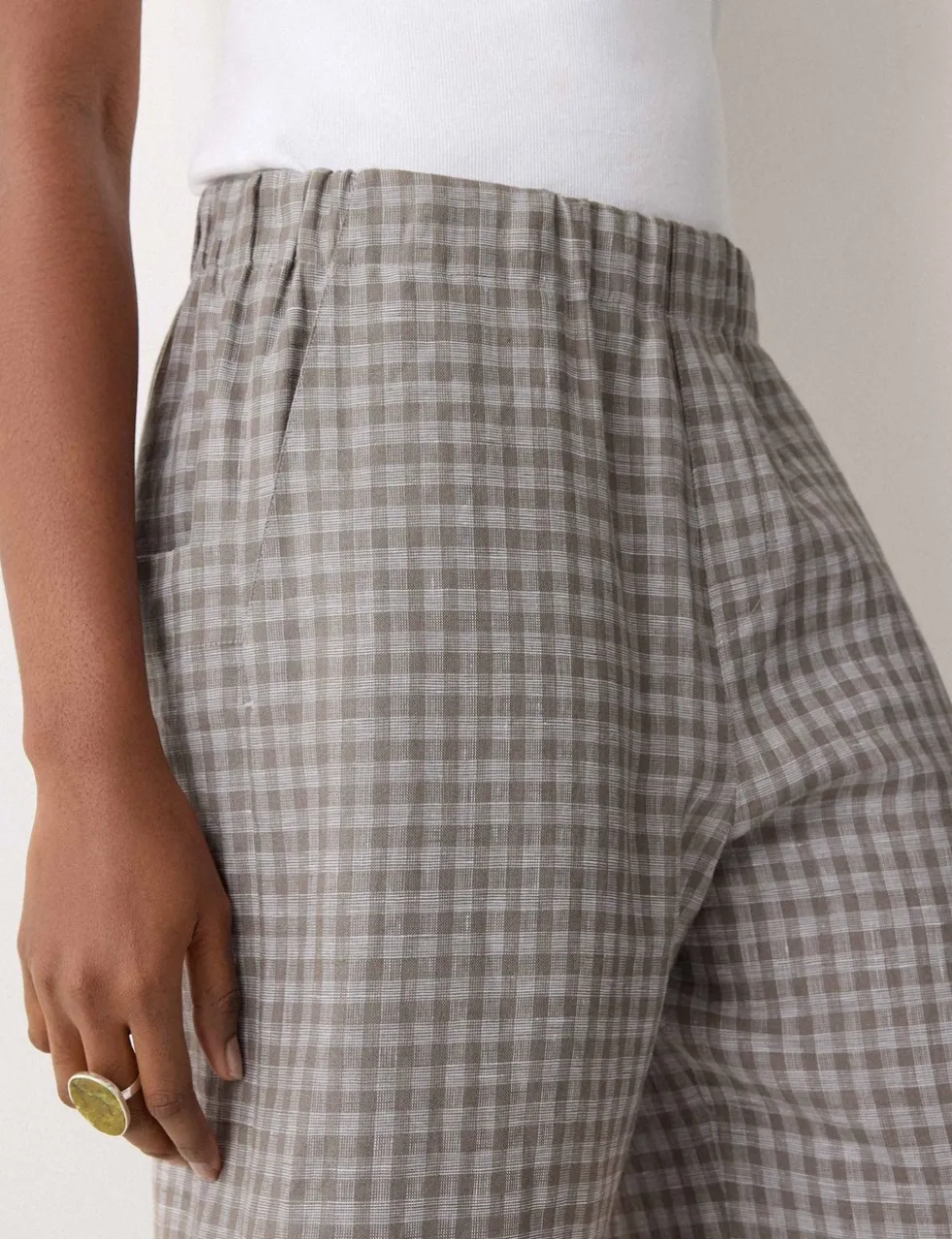 Pure Linen Checked Wide Leg Trousers