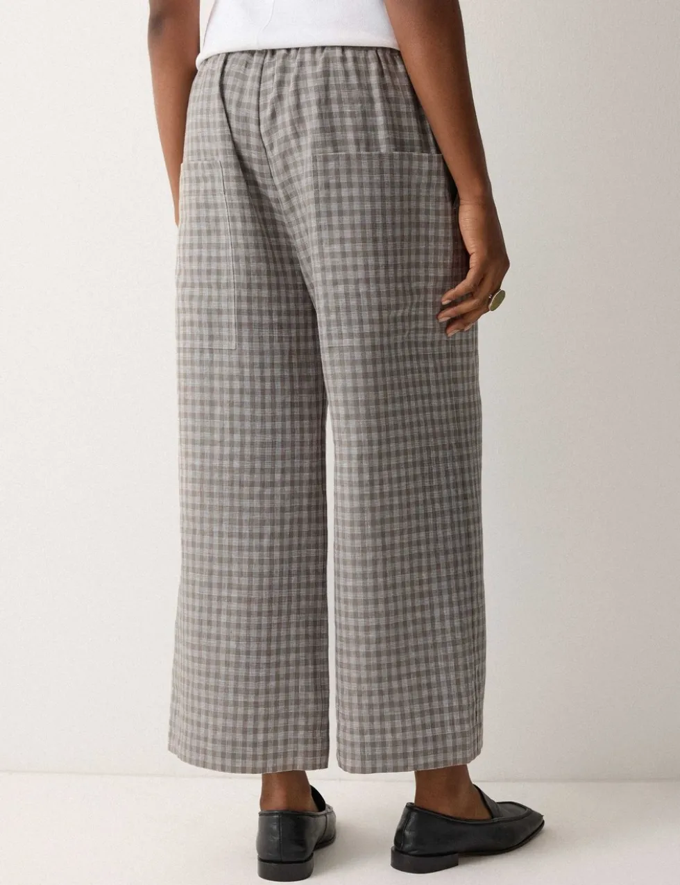 Pure Linen Checked Wide Leg Trousers