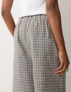Pure Linen Checked Wide Leg Trousers