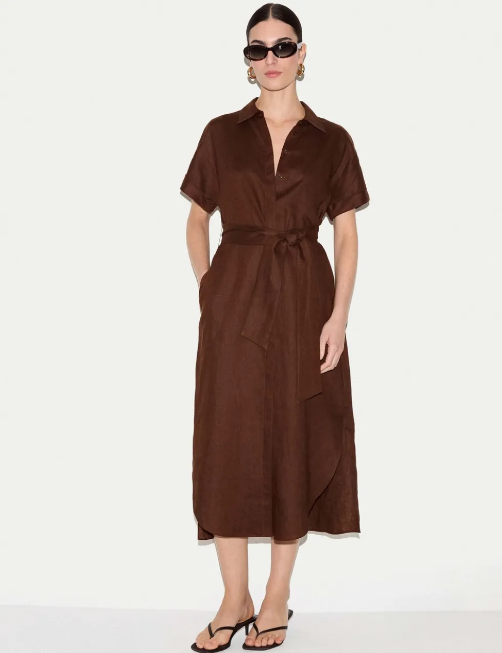 Pure Linen Collared Belted Midi Shirt Dress
