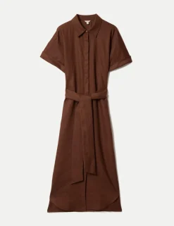 Pure Linen Collared Belted Midi Shirt Dress