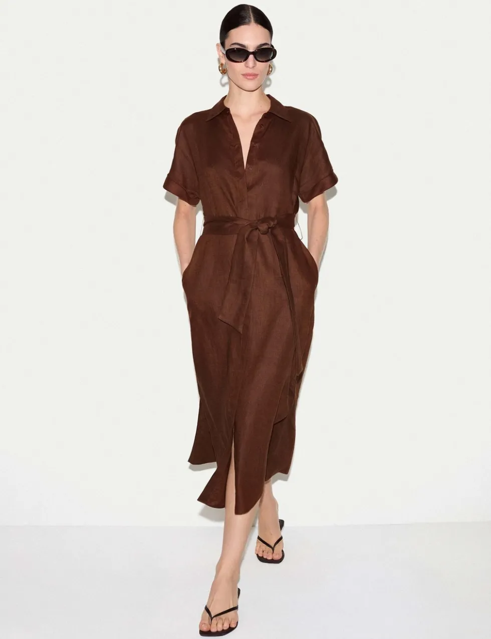 Pure Linen Collared Belted Midi Shirt Dress