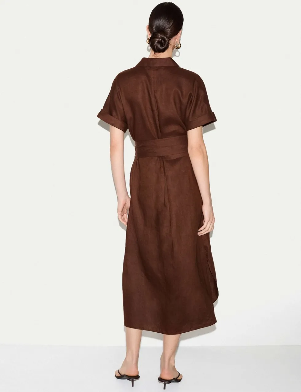 Pure Linen Collared Belted Midi Shirt Dress