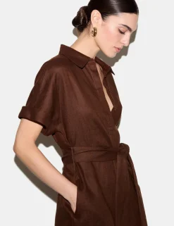 Pure Linen Collared Belted Midi Shirt Dress