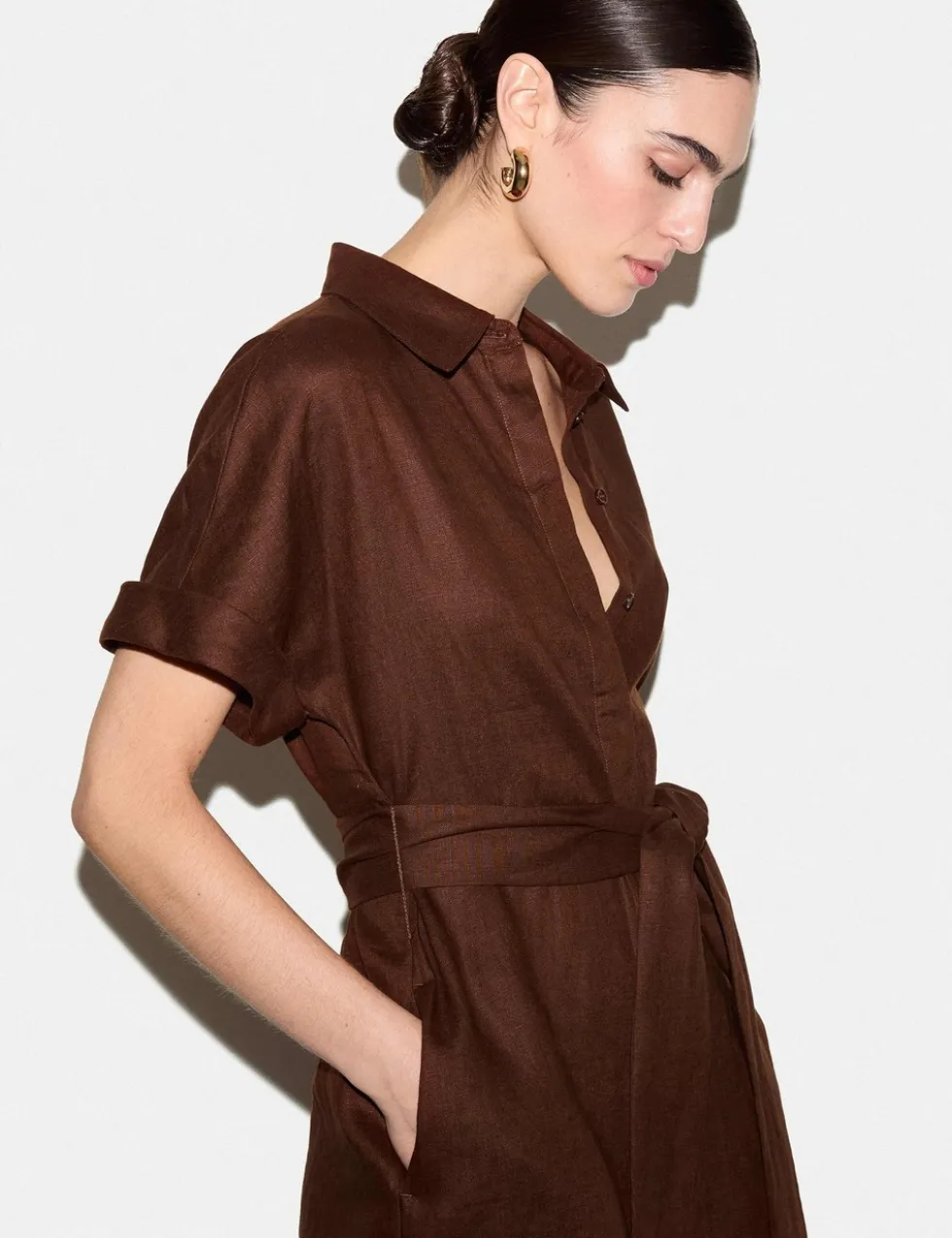 Pure Linen Collared Belted Midi Shirt Dress