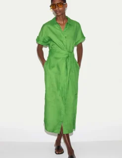 Pure Linen Collared Belted Midi Shirt Dress