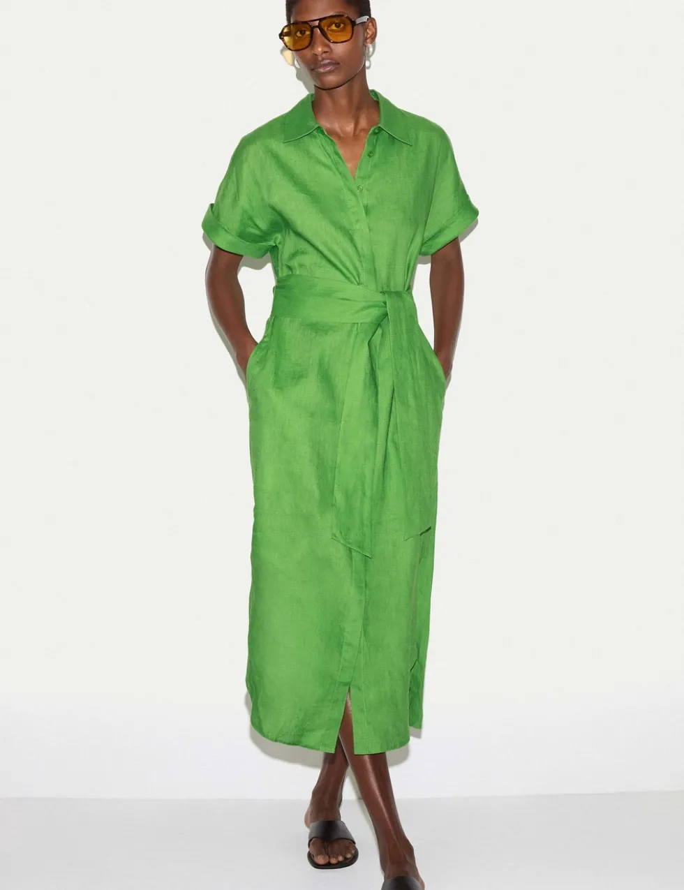 Pure Linen Collared Belted Midi Shirt Dress