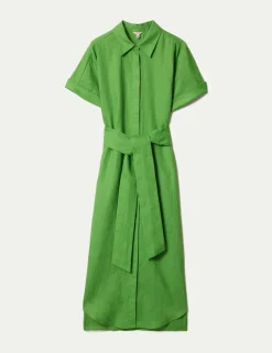 Pure Linen Collared Belted Midi Shirt Dress