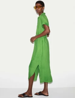 Pure Linen Collared Belted Midi Shirt Dress