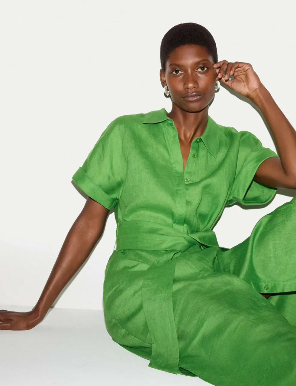 Pure Linen Collared Belted Midi Shirt Dress