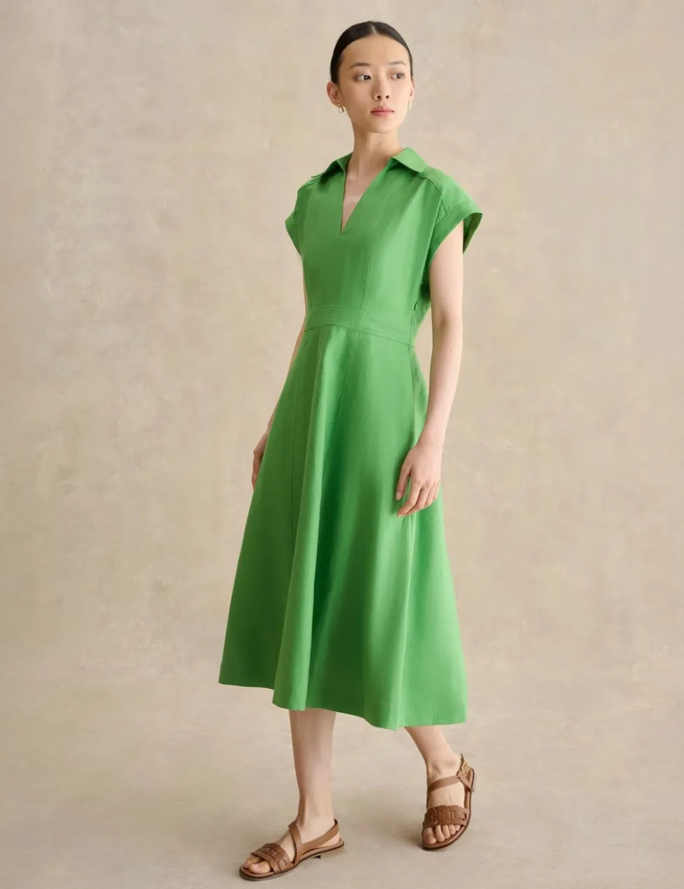 Pure Linen Collared Midi Waisted Dress