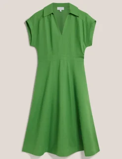 Pure Linen Collared Midi Waisted Dress