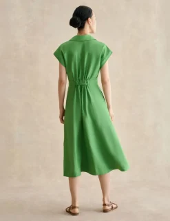Pure Linen Collared Midi Waisted Dress