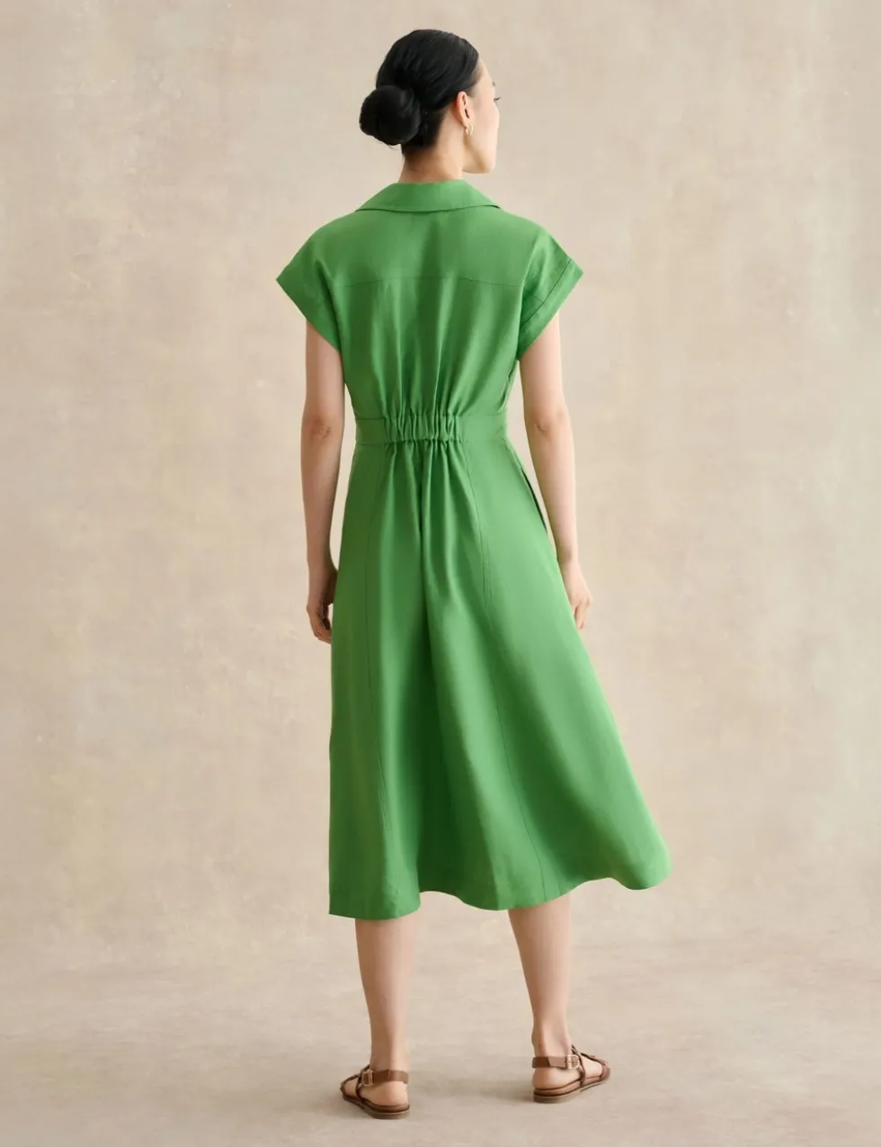 Pure Linen Collared Midi Waisted Dress