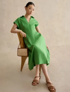 Pure Linen Collared Midi Waisted Dress