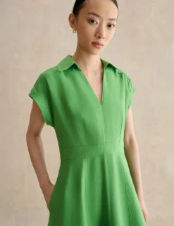 Pure Linen Collared Midi Waisted Dress