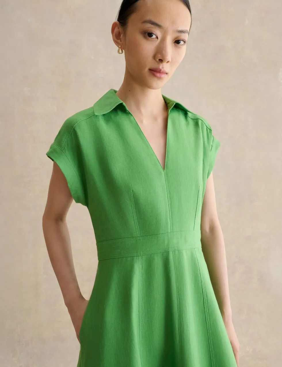 Pure Linen Collared Midi Waisted Dress