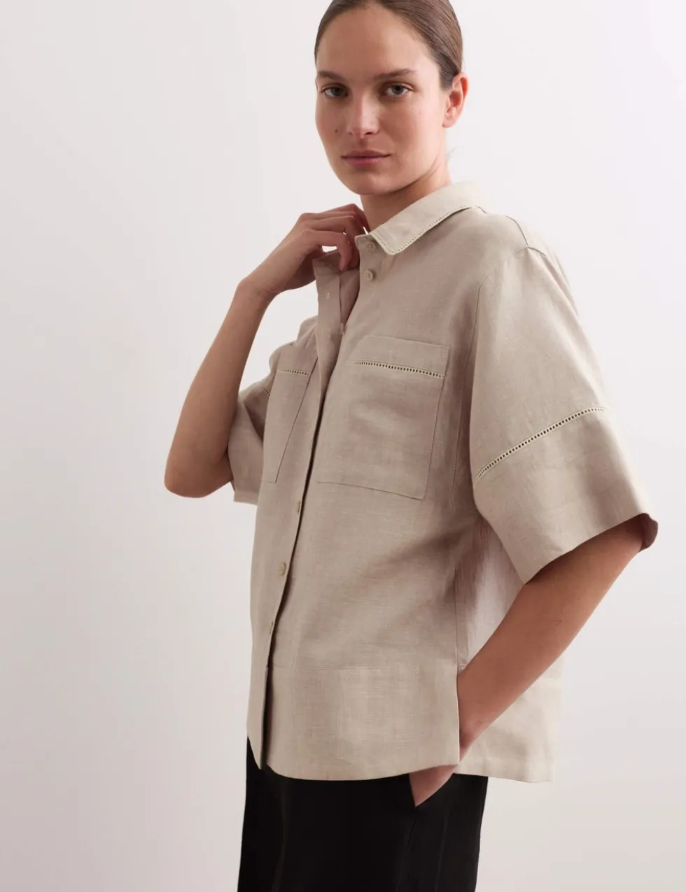 Pure Linen Collared Stitch Detail Shirt