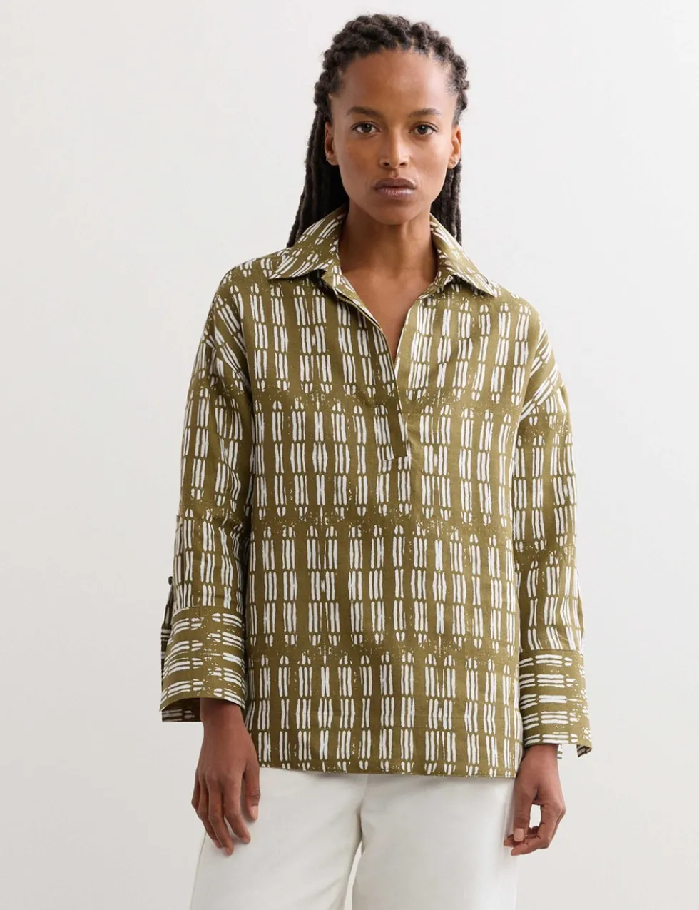 Pure Linen Dash Printed Popover Blouse