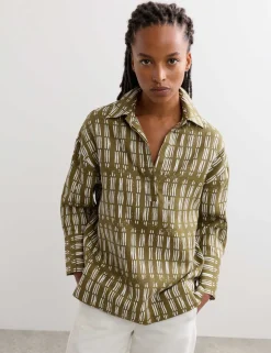 Pure Linen Dash Printed Popover Blouse