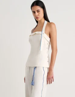 Pure Linen Embroidered Halter Neck Top