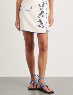 Pure Linen Embroidered Mini Wrap Skirt