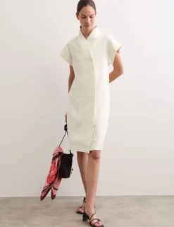 Pure Linen Embroidered V-Neck Wrap Dress