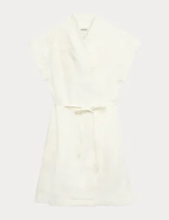 Pure Linen Embroidered V-Neck Wrap Dress
