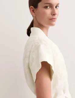 Pure Linen Embroidered V-Neck Wrap Dress