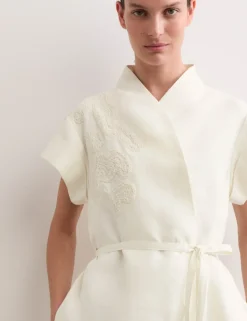 Pure Linen Embroidered V-Neck Wrap Dress