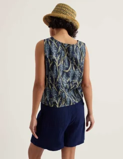 Pure Linen Floral Boat Neck Vest